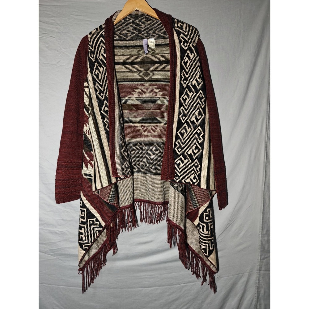 Alya Womens Southwestern Fringe Open Front Cardigan Burgundy Geometric Small USA